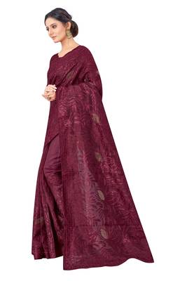 Maroon embroidered faux organza saree with blouse 3