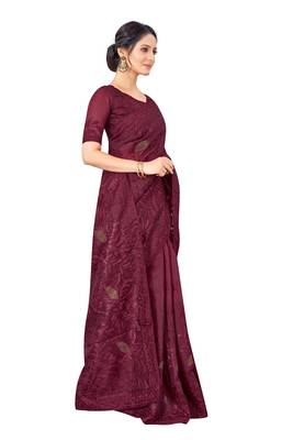 Maroon embroidered faux organza saree with blouse 4