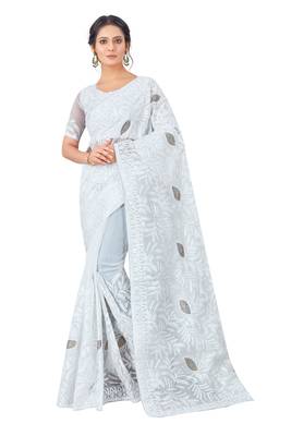 Light silver embroidered faux organza saree with blouse 1
