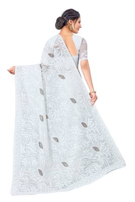 Light silver embroidered faux organza saree with blouse 2