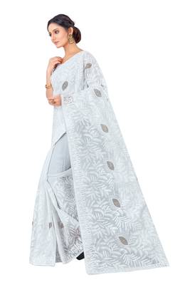 Light silver embroidered faux organza saree with blouse 3