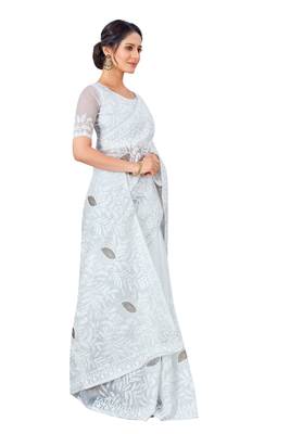Light silver embroidered faux organza saree with blouse 4