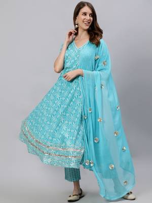 Turquoise printed pure cotton salwar 1