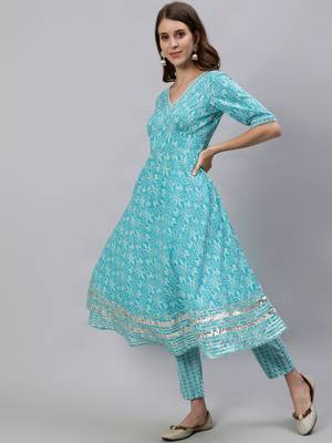 Turquoise printed pure cotton salwar 2