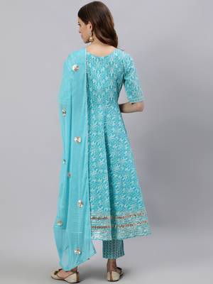 Turquoise printed pure cotton salwar 3