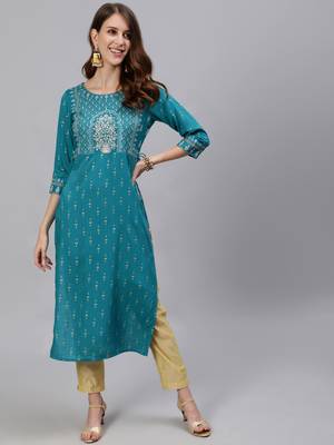 Teal printed rayon ethnic-kurtis 1