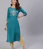 Teal printed rayon ethnic-kurtis