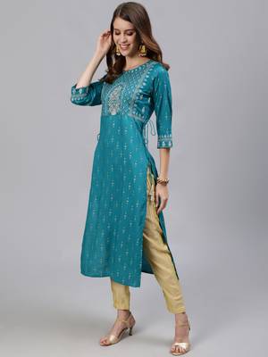 Teal printed rayon ethnic-kurtis 2