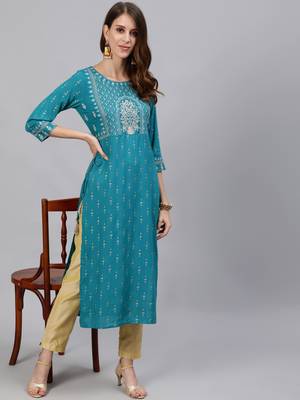 Teal printed rayon ethnic-kurtis 5
