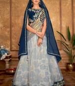 Grey thread embroidery jacquard unstitched lehenga