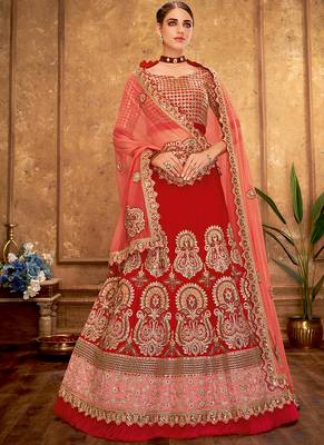 Red thread embroidery silk unstitched lehenga 1