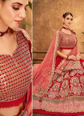 Red thread embroidery silk unstitched lehenga 2