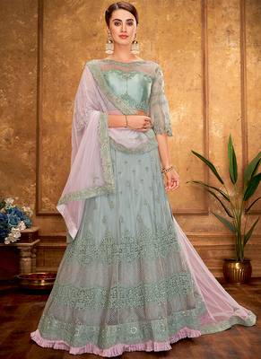 Light-green thread embroidery net unstitched lehenga 1
