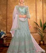 Light-green thread embroidery net unstitched lehenga