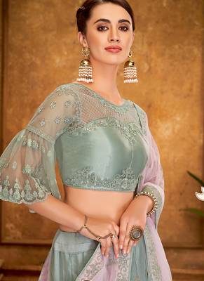 Light-green thread embroidery net unstitched lehenga 2