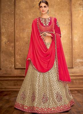 Dark-pink thread embroidery silk unstitched lehenga 1