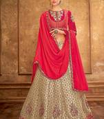 Dark-pink thread embroidery silk unstitched lehenga