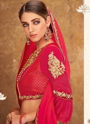 Dark-pink thread embroidery silk unstitched lehenga 2