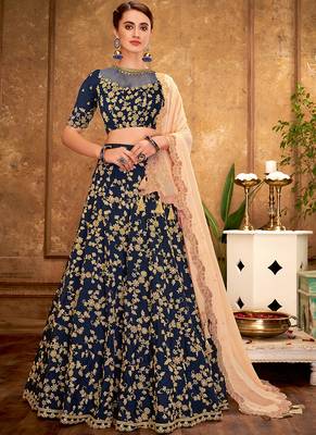 Blue thread embroidery silk unstitched lehenga 1