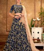 Blue thread embroidery silk unstitched lehenga