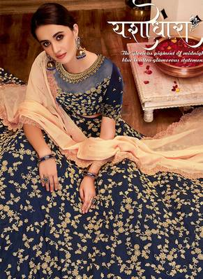 Blue thread embroidery silk unstitched lehenga 2