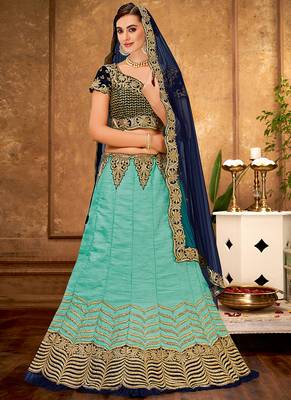 Dark-sea-green thread embroidery silk unstitched lehenga 1