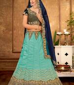 Dark-sea-green thread embroidery silk unstitched lehenga