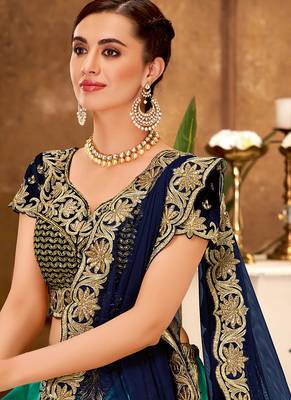 Dark-sea-green thread embroidery silk unstitched lehenga 2