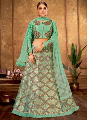 Green Net Thread Embroidery Lehenga Choli Set 1