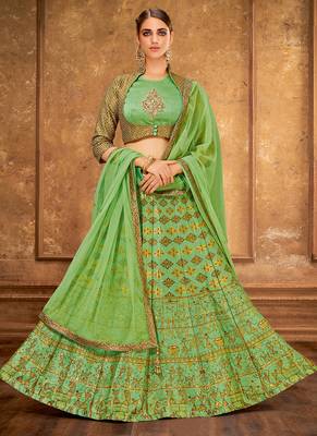 Green thread embroidery silk unstitched lehenga 1