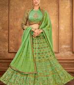 Green thread embroidery silk unstitched lehenga