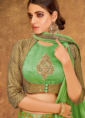 Green thread embroidery silk unstitched lehenga 2
