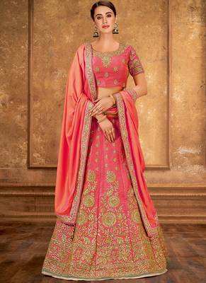 Pink thread embroidery silk unstitched lehenga 1