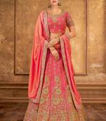 Pink thread embroidery silk unstitched lehenga