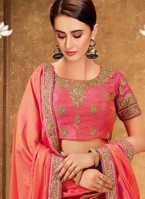 Pink thread embroidery silk unstitched lehenga 2