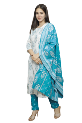  White Kurti Blue Pant Duptta 1
