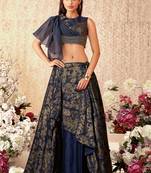 Navy-blue thread embroidery silk unstitched lehenga