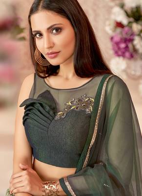 Olive thread embroidery velvet unstitched lehenga 2