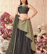 Olive thread embroidery velvet unstitched lehenga