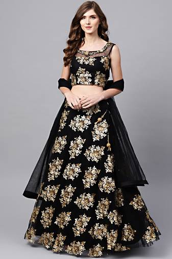 Marvelous Black Zari & Glitter Multiple Sequins Embroidered Net Party Wear Lehenga Choli