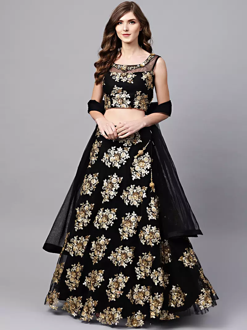 Marvelous Black Zari & Glitter Multiple Sequins Embroidered Net Party Wear Lehenga Choli