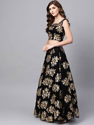 Marvelous Black Zari & Glitter Multiple Sequins Embroidered Net Party Wear Lehenga Choli 2