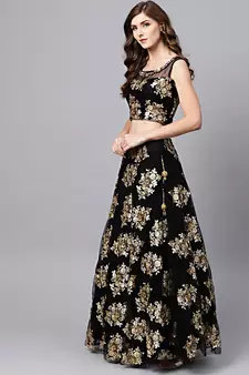 Marvelous Black Zari & Glitter Multiple Sequins Embroidered Net Party Wear Lehenga Choli