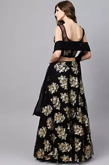 Marvelous Black Zari & Glitter Multiple Sequins Embroidered Net Party Wear Lehenga Choli