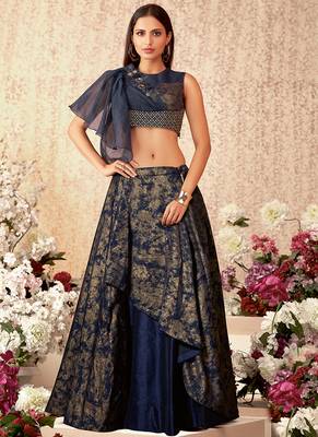 Navy-blue thread embroidery silk unstitched lehenga 3