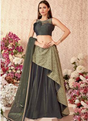 Olive thread embroidery velvet unstitched lehenga 3