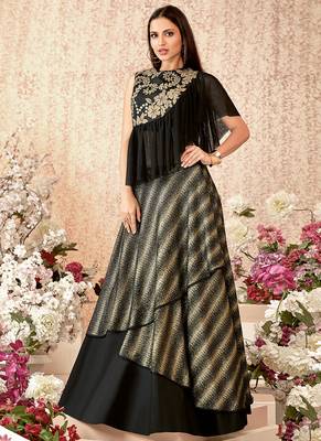 Black thread embroidery silk unstitched lehenga 1