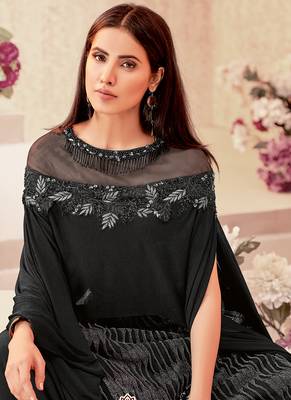 Black thread embroidery silk unstitched lehenga 2
