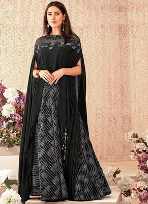Black thread embroidery silk unstitched lehenga 3