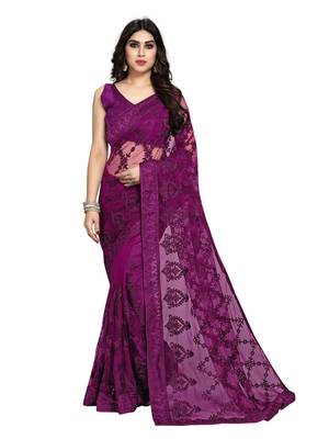 Purple embroidered net saree with blouse 1